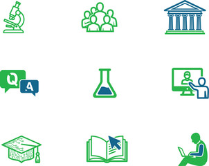 Educational Icons Collection Depicting University Symbols Science Research and Online Learning Resources Representing Knowledge Acquisition and Academic Pursuits for Students