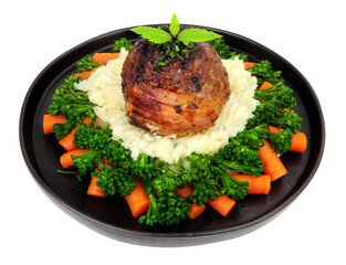Lamb bomb meat ball meal with, mashed potato, carrots and broccoli isolated on a white background