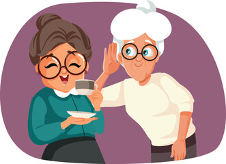 Elderly Women Gossiping Together in Old Friendship Concept Illustration. Funny grannies sharing secrets and memories drinking coffee 