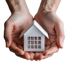 Delicate White Paper House Held Gently in Open Hands, Front View, Isolated on Transparent Background