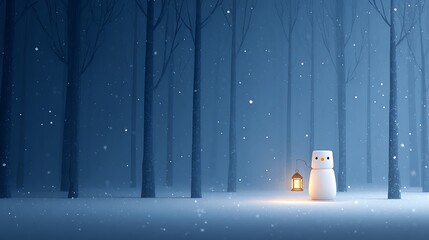 Snowman standing in snowy forest glowing with lantern light