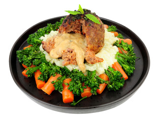 Lamb bomb meat ball meal with peppercorn sauce, mashed potato, carrots and broccoli isolated on a white background