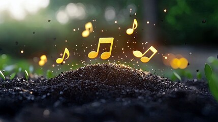 Golden musical notes appear to be emanating from a pile of dark, rich soil where small green sprouts are emerging, suggesting growth and harmony.