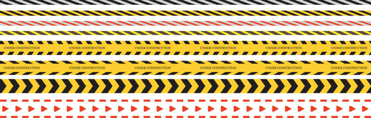 Construction border black and yellow stripes Warning caution sign. Black and yellow line. Seamless barrier. Included brushes white background 