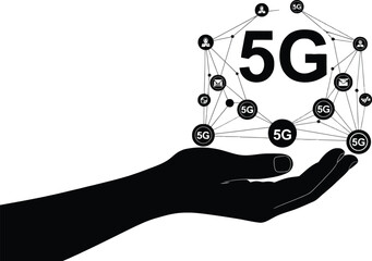 Silhouette of a hand holding a complex network structure labeled with 5g technology symbols, isolated on white background