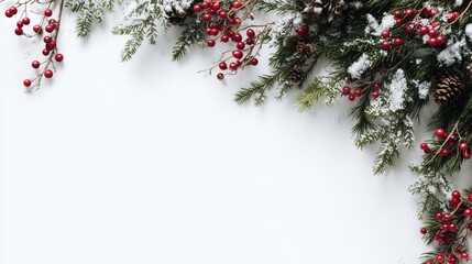 Christmas corner frame arrangement with frosted pine branches and red berries, Winter holiday corner border on white background with snow and pine cones