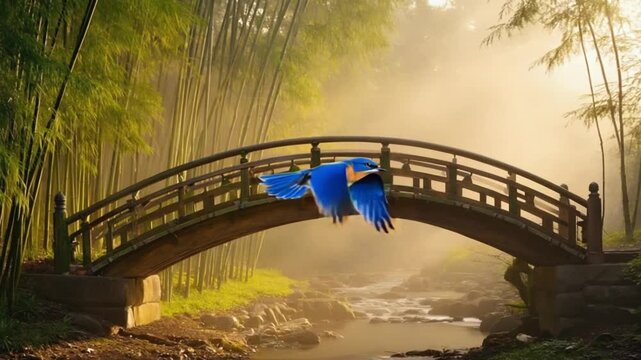 Bluebird flying over arched wooden bridge in misty bamboo forest landscape scene view bird video