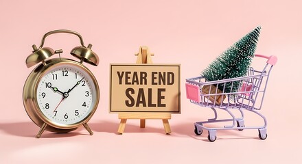 Year-end sale concept with clock, sign and Christmas tree
