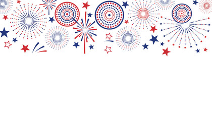 A patriotic holiday celebration banner featuring red, white, and blue fireworks and stars creating a festive top border. This vector illustration has ample copy space for text