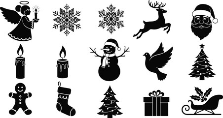 Christmas Holiday Vector Icon Collection Silhouette Set Featuring Angel Snowflakes Reindeer Santa Snowman Sleigh and Tree