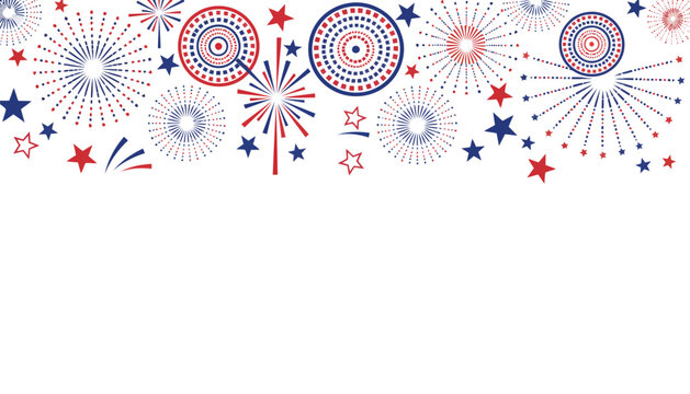 A patriotic holiday celebration banner featuring red, white, and blue fireworks and stars creating a festive top border. This vector illustration has ample copy space for text