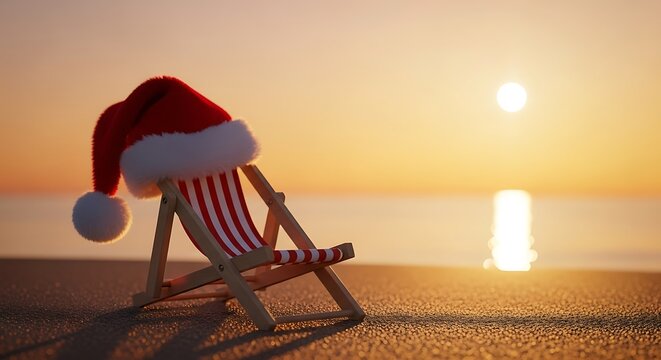 A Santa hat rests on an empty deck chair on a sandy beach at sunset.