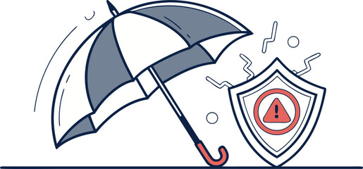 Flat vector illustration showing umbrella protecting laptop with lock and warning shield, symbolizing cybercrime risks, data breach alerts and online security for tech banners, apps and infographics.
