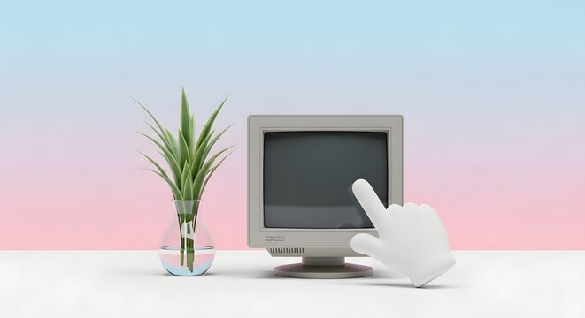 Old computer monitor with green plant and cursor hand