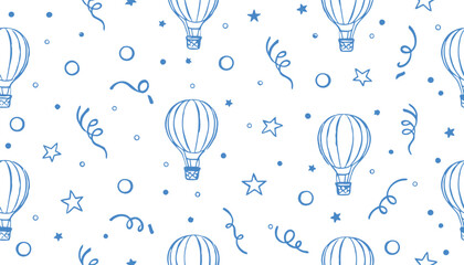 Whimsical Skyward Dreams Seamless Pattern of Air Balloons, Confetti, and Stars for Celebratory Designs