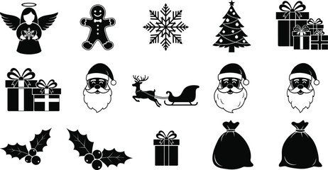 Vector Christmas Holiday Icon Set Silhouette Featuring Santa Gingerbread Angel Snowflake Tree Gifts and Reindeer Sleigh