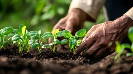 Farmer s hands gently planting seedlings in rich soil