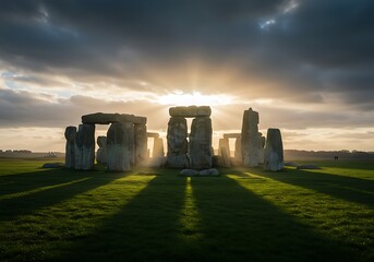 Ancient stone monument under dramatic sky with sunlight and long shadows