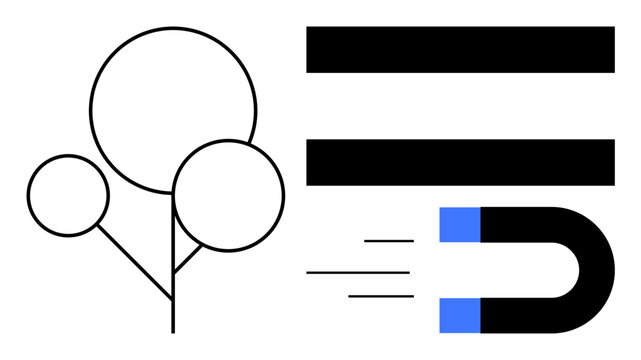 Abstract tree with circular shapes, black magnet with blue tips emitting lines, and bold black bars. Ideal for sustainability, growth, energy, attraction, focus balance innovation. Simple flat