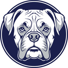 Boxer dog head mascot logo vector illustration in blue circle, strong animal face for sports team badge or brand identity.