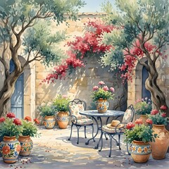 Fototapeta premium Rustic courtyard with potted plants and a bistro table under trees 