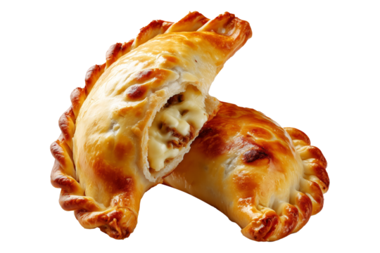 Argentina and Uruguay empanadas stacked in a pyramid, golden baked crust, meat and potato filling, isolated on white transparent background, concept of traditional South American Cuisine