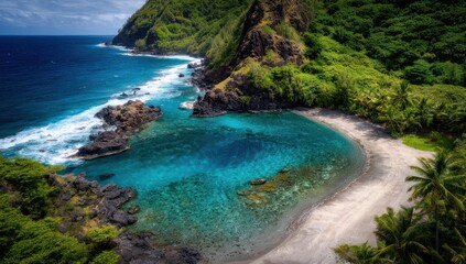 A secluded cove with a tranquil beach.