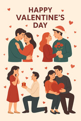 Happy valentine's day illustration with couples in love and romantic gifts for valentine's day celebration vector illustration