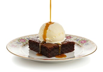 Chocolate brownie with ice cream and caramel drizzle on a decorative plate
