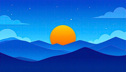 Serene Mountain Sunset - A Minimalist Landscape Illustration with Warm Colors.