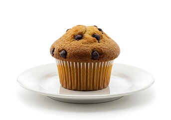 Chocolate chip muffin on a white plate isolated on white background