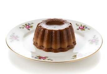 Chocolate dessert on decorative plate against white background
