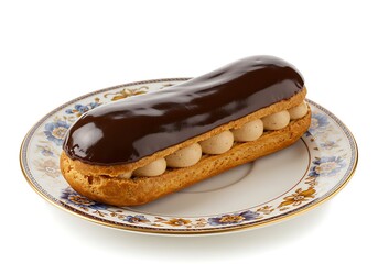 Chocolate eclair pastry on a decorative plate against a white background