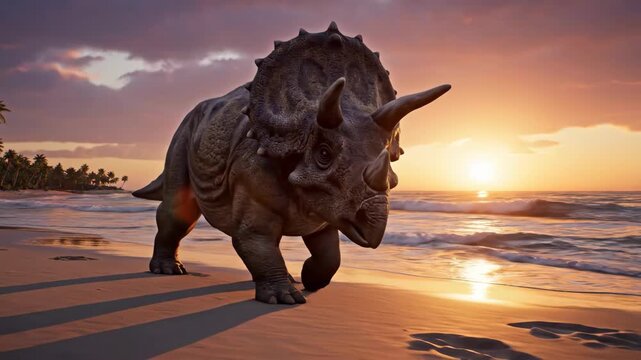 Triceratops walking on a beach at sunset.