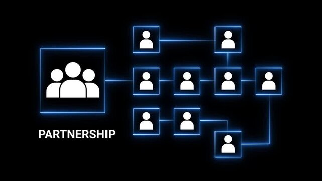 White icons of people in a connected organizational chart with glowing blue lines on a black background and the word PARTNERSHIP