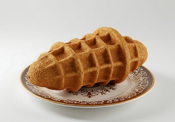 Close up of a golden brown waffle on a decorated plate against a white backdrop