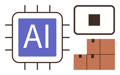 AI chip highlights advanced technology, boxes signal logistics and inventory. Ideal for technology, artificial intelligence, logistics, workflow, automation, e-commerce supply chain. Simple flat