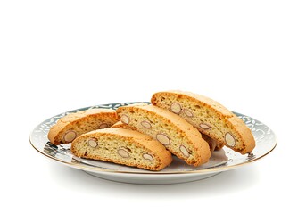 Close up of biscotti cookies on a decorated plate against a clean white backdrop