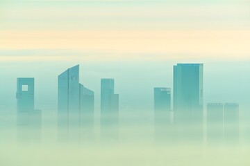 City buildings emerging from the fog creating a surreal and dreamy urban landscape view