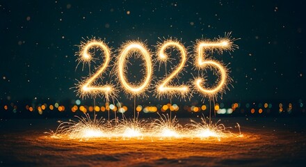 Sparkling 2025 new year celebration with golden sparklers illuminating the night sky, creating a magical and festive atmosphere for the upcoming year