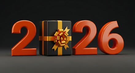 Orange 2026 numbers with a gift box and bow