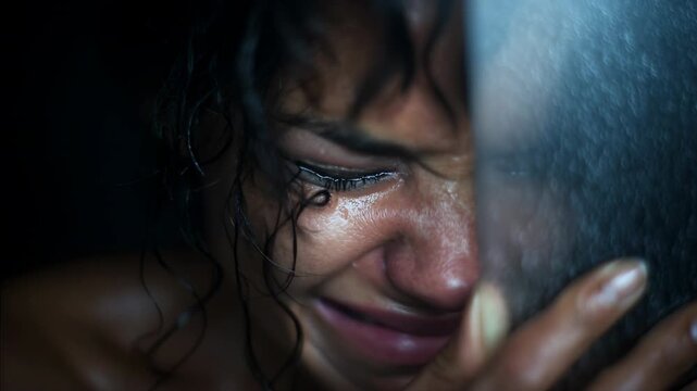 Close-up of an African American woman crying in the shower while looking at the camera