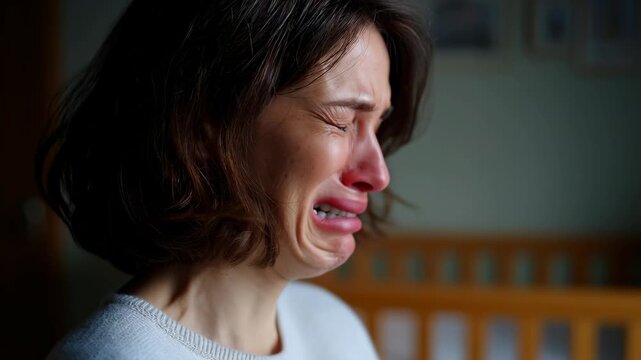 A woman is upset and crying in a nursery with an empty crib in the background. Concept of child loss, abortion, or miscarriage