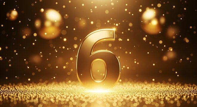 Golden number six with bokeh lights and glitter dust on a dark background, creating a luxurious and celebratory atmosphere for an anniversary or special event - Powered by Adobe
