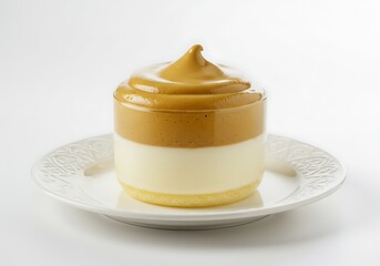 Creamy dessert coffee treat with layers isolated on white plate