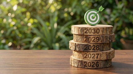 Eco themed wooden timeline with green target year 2026, 2027, 2028, 2029 and 2030