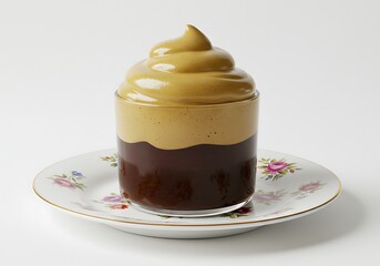 Creamy dessert in glass on decorative plate against white background
