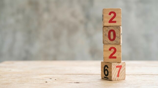 Stacked wooden blocks showing year 2026 change into 2027