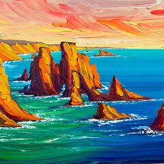 Coastal cliffs and ocean painting with vibrant colors and textured brushstrokes style