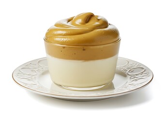 Dalgona coffee dessert in glass cup on a white plate isolated background